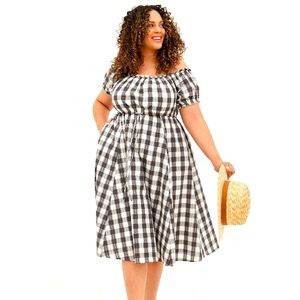 Torrid Off Shoulder Peasant Seersucker Black and White Gingham Midi Dress US 2X